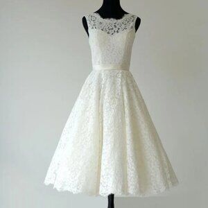 Sleeveless Sheer Illusion Neckline Tea Length Garden Bridal Dress With Waistband